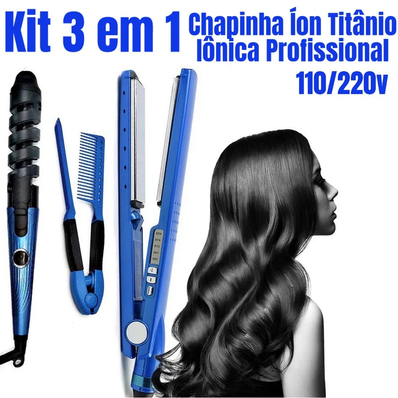 Kit 3 em 1 Prancha e Chapinha Íon Titânio Iônica Profissional